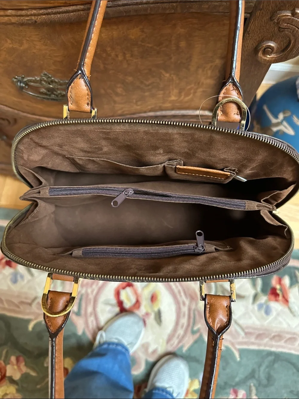 Brown Patterned Dome Satchel Handbag with Tan Trim